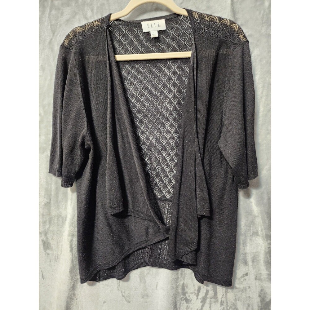 Elle Womens Bolero Cropped Sweater L Black Open Front Lightweight Stretch Lacey